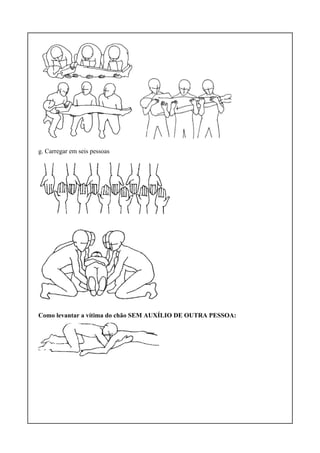 g. Carregar em seis pessoas
Como levantar a vítima do chão SEM AUXÍLIO DE OUTRA PESSOA:
 