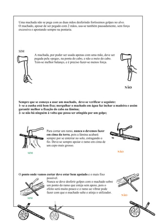 Uma machada não se pega com as duas mãos desferindo fortíssimos golpes no alvo.
O machado, apesar de ser pegado com 2 mãos, usa-se também pausadamente, sem força
excessiva e apostando sempre na pontaria.
SIM
A machada, por poder ser usada apenas com uma mão, deve ser
pegada pela «pega», na ponta do cabo, e não a meio do cabo.
Tem-se melhor balanço, e é preciso fazer-se menos força.
NÃO
Sempre que se começa a usar um machado, deve-se verificar o seguinte:
1- se a cunha está bem fixa; mergulhar o machado em água faz inchar a madeira e assim
garantir melhor a fixação do cabo na lâmina;
2- se não há ninguém à volta que possa ser atingida por um golpe;
Para cortar um ramo, nunca o devemos fazer
em cima da terra, pois a lâmina acabará
sempre por se enterrar no solo, estragando o
fio. Deve-se sempre apoiar o ramo em cima de
um cepo mais grosso.
O ponto onde vamos cortar deve estar bem apoiado e o mais fixo
possível.
Nunca se deve desferir golpes com o machado sobre
um ponto do ramo que esteja sem apoio, pois o
efeito será muito pouco e o ramo ao vibrar pode
fazer com que o machado salte e atinja o utilizador.
SIM
NÃO
SIM NÃO
 