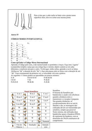Sinais Semafóros
A ou 1 B ou 2 C ou 3
D ou 4 E ou 5 F ou 6
G ou 7 H ou 8 I ou 9
J ou alfa K ou 0 L
M N O
P Q R
S T U
V W X
Y Z Numeral
Fim de
Palavra
Anulação Atenção /
erro
Para evitar que o cabo rache ao bater com a ponta numa
superfície dura, deve-se cortar essa mesma ponta.
Anexo 15
CÓDIGO MORSE INTERNACIONAL
A. _ J. _ _ _ S...
B _... K _. _ T _
C _. _. L. _.. U.. _
D _.. M _ _ V... _
E. N. W. _ _
F.. _. O _. X _.. _
G _ _. P. _ _. Y _. _ _
H.... Q _ _. _ Z _ _..
I.. R. _.
Como aprender o Código Morse Internacional
Aprenda o Código pelo som, e não memorizando os pontinhos e traços. Faça uma ‘cigarra’
(campainha) simples e peça que seu colega faça o mesmo; depois sentem-se em salas
diferentes e sinalizem um para o outro. Vá devagar, tenha calma, aprenda a ouvir as letras.
Atribua ao “dá” a duração de três “dis” e faça uma pausa entre as letras com a duração de um
“dá”. Faça corretamente da primeira vez; a velocidade virá com a prática.
As seguintes 11 letras podem ser aprendidas em poucos minutos:
E di H di di di di O dá dá dá
I di di T dá N dá di
S di di di M dá dá A di dá
Semáfora
O Sistema de Semáfora por
bandeirolas é, usado com eficiência
quando a distância entre o
transmissor e o receptor é pequena.
Nas grandes distâncias, só
excepcionalmente deve-se usá-lo.
Durante o dia, as mensagens não
codizadas devem ser transmitidas por
semáfora, sempre que possível.
Neste sistema, são utilizadas duas
bandeirolas iguais à bandeira ONDA
do regimento de banderas, com as
dimensões de 50x50 centímetros de
comprimento.
 