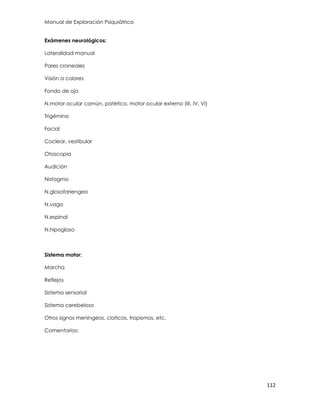 Manual de Exploración Psiquiátrica
112
Exámenes neurológicos:
Lateralidad manual
Pares craneales
Visión a colores
Fondo de ojo
N.motor ocular común, patético, motor ocular externo (III, IV, VI)
Trigémino
Facial
Coclear, vestibular
Otoscopia
Audición
Nistagmo
N.glosofariengeo
N.vago
N.espinal
N.hipogloso
Sistema motor:
Marcha
Reflejos
Sistema sensorial
Sistema cerebeloso
Otros signos meníngeos, ciaticos, tropismos, etc.
Comentarios:
 