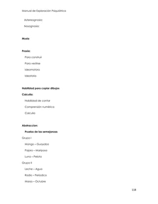 Manual de Exploración Psiquiátrica
118
Astereognosia:
Nosognosia:
Musia
Praxia:
Para construir
Para vestirse
Ideomotora
Ideatoria
Habilidad para copiar dibujos
Calculia:
Habilidad de contar
Comprensión numérica
Calculia
Abstraccion:
Prueba de las semejanzas
Grupo I
Mango – Guayaba
Pajaro – Mariposa
Luna – Pelota
Grupo II
Leche – Agua
Radio – Periodico
Marzo – Octubre
 