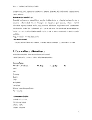 Manual de Exploración Psiquiátrica
21
cerebrovasculares, epilepsia, hipertensión arterial, diabetes, hipertiroidismo, hipotiroidismo,
cirrosis, teniasis.
Antecedentes Psiquiátricos
Describir los trastornos psiquiátricos que ha tenido desde la infancia hasta antes de la
presente enfermedad. Hacer hincapié en trastornos por dislexia, retardo mental,
ansiedad, hiperactividad, manía, esquizofrenia, depresión, hospitalizaciones y detallar los
tratamientos anteriores y presentes (mucha el paciente, no sabe que enfermedad ha
padecido, pero el entrevistador puede deducirlo de acuerdo a los medicamentos que ha
recibido).
Preguntar sobre intentos de suicidio.
Otros Antecedentes
Consignar datos que no están incluidos en los datos anteriores y que son importantes.
6. Examen Físico y Neurológico
Realizarlo conforme a las técnicas convencionales.
Llenar la información de acuerdo al siguiente formato:
Examen Físico:
Pulso: Frec. Cardiaca T.A.(B.I.): T.A.(B.D.): T°:
Peso:
Talla:
Cabeza:
Cuello:
Tórax:
Abdomen:
Genitales:
Sistema musculoesqueletico:
Piel y faneras
Examen Neurológico:
Lateralidad manual
Nervios craneales
Sistema motor
Sistema sensorial
 