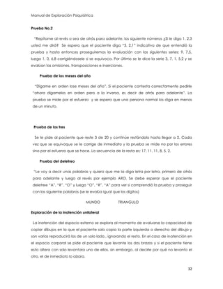 Manual de Exploración Psiquiátrica
32
Prueba No.2
“Repítame al revés o sea de atrás para adelante, los siguiente números ¿Si le digo 1, 2,3
usted me dirá? Se espera que el paciente diga “3, 2,1” indicativo de que entendió la
prueba y hasta entonces proseguiremos la evaluación con las siguientes series: 9, 7,5,
luego 1, 0, 6,8 corrigiéndosele si se equivoca. Por último se le dice la serie 3, 7, 1, 5,2 y se
evalúan las omisiones, transposiciones e inserciones.
Prueba de los meses del año
“Dígame en orden lose meses del año”. Si el paciente contesta correctamente pedirle
“ahora dígamelos en orden pero a la inversa, es decir de atrás para adelante”. La
prueba se mide por el esfuerzo y se espera que una persona normal los diga en menos
de un minuto.
Prueba de los tres
Se le pide al paciente que reste 3 de 20 y continúe restándolo hasta llegar a 2. Cada
vez que se equivoque se le corrige de inmediato y la prueba se mide no por los errores
sino por el esfuerzo que se hace. La secuencia de la resta es: 17, 11, 11, 8, 5, 2.
Prueba del deletreo
“Le voy a decir unas palabras y quiero que me la diga letra por letra, primero de atrás
para adelante y luego al revés por ejemplo ARO. Se debe esperar que el paciente
deletree “A”, “R”, “O” y luego “O”, “R”, “A” para ver si comprendió la prueba y proseguir
con las siguiente palabras (se le evalúa igual que los dígitos)
MUNDO TRIANGULO
Exploración de la inatención unilateral
La inatención del espacio externo se explora al momento de evaluarse la capacidad de
copiar dibujos en la que el paciente solo copia la parte izquierda o derecha del dibujo y
son varios reproducirá los de un solo lado., ignorando el resto. En el caso de inatención en
el espacio corporal se pide al paciente que levante los dos brazos y si el paciente tiene
esta altera con solo levantara uno de ellos, sin embargo, al decirle por qué no levanto el
otro, el de inmediato lo alzara.
 