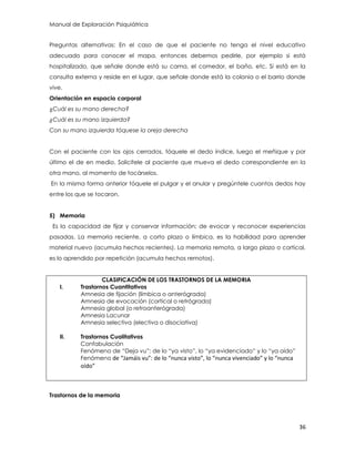 Manual de Exploración Psiquiátrica
36
Preguntas alternativas: En el caso de que el paciente no tenga el nivel educativo
adecuado para conocer el mapa, entonces debemos pedirle, por ejemplo si está
hospitalizado, que señale donde está su cama, el comedor, el baño, etc. Si está en la
consulta externa y reside en el lugar, que señale donde está la colonia o el barrio donde
vive.
Orientación en espacio corporal
¿Cuál es su mano derecha?
¿Cuál es su mano izquierda?
Con su mano izquierda tóquese la oreja derecha
Con el paciente con los ojos cerrados, tóquele el dedo índice, luego el meñique y por
último el de en medio. Solicítele al paciente que mueva el dedo correspondiente en la
otra mano, al momento de tocárselos.
En la misma forma anterior tóquele el pulgar y el anular y pregúntele cuantos dedos hay
entre los que se tocaron.
5) Memoria
Es la capacidad de fijar y conservar información; de evocar y reconocer experiencias
pasadas. La memoria reciente, a corto plazo o límbica, es la habilidad para aprender
material nuevo (acumula hechos recientes). La memoria remota, a largo plazo o cortical,
es lo aprendido por repetición (acumula hechos remotos).
CLASIFICACIÓN DE LOS TRASTORNOS DE LA MEMORIA
I. Trastornos Cuantitativos
Amnesia de fijación (límbica o anterógrada)
Amnesia de evocación (cortical o retrógrada)
Amnesia global (o retroanterógrada)
Amnesia Lacunar
Amnesia selectiva (electiva o disociativa)
II. Trastornos Cualitativos
Confabulación
Fenómeno de “Deja vu”: de lo “ya visto”, lo “ya evidenciado” y lo “ya oído”
Fenómeno de “Jamáis vu”: de lo “nunca visto”, lo “nunca vivenciado” y lo “nunca
oído”
Trastornos de la memoria
 