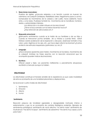 Manual de Exploración Psiquiátrica
53
5. Reacciones musculares:
Pruebas de rigidez, ¿músculos relajados o en tención cuando se mueven los
miembros o el cuerpo? Catalepsia. Flexibilidad cérea. Negativismo pasivo o activo.
Compruebe los movimientos de la cabeza y del cuello, hacia adelante, hacia
atrás, y a los lados. Pruébese también los movimientos de la mandíbula, hombros,
dedos, y extremidades inferiores.
¿La distracción o la orden influyen en las reacciones?
¿Tiene la boca serrada con los labios haciendo hocico?
¿Hay retención de saliva babeo etc.?
6. Respuesta emocional:
¿Demuestra sentimientos cuando se le habla de sus familiares o de sus hijos o
cuando se mencionan puntos sensibles de su historia o cuando tiene visita?
Nótese si existe aceleración de la respiración o del pulso, obsérvese también si hay
rubor, sudor, lágrimas en los ojos, etc. ¿Le hace algún efecto las bromas? ¿Cuál es
el efecto de estímulos inesperados (palmoteos, luz, etc.)?
7. Lenguaje:
¿Hace esfuerzos aparentes para hablar, movimientos en los labios, movimientos de
la cabeza? Anótese las frases exactas con la reacción emocional que las
acompaña (pueden indicar alucinaciones).
8. Escritura:
Ofrecer papel y lápiz. Los pacientes indiferentes o parcialmente estuporosos
escribirán a menudo aunque no hablen.
Afectividad
La afectividad constituye el teclado sensible de la experiencia ya que cada modalidad
de esta se acompaña de una tonalidad placentera o displacentera.
Se reconocen cuatro niveles de afectividad:
1. Sentimiento
2. Emoción
3. Afecto
4. humor
Sentimiento
Reacción psíquica de tonalidad agradable o desagradable motivada interna o
externamente y que no se acompaña de cambios fisiológicos evidentes. Ejemplos de
sentimientos patológicos: sentimiento de vacio afectivo “no siento nada” sentimiento de
insuficiencia “me siento incapaz”. Sentimiento de sobrestima “me siento muy capaz y acto
para todo”.
 