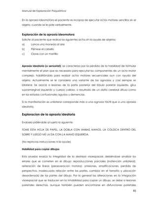 Manual de Exploración Psiquiátrica
81
En la apraxia Ideomotora el paciente es incapaz de ejecutar actos motores sencillos sin el
objeto, cuando se le pide verbalmente.
Exploración de la apraxia ideomotora
Solicite al paciente que realice los siguientes actos sin la ayuda de objetos:
a) Lance una moneda al aire
b) Péinese el cabello
c) Clave con un martillo
Apraxia Ideatoria (o sensorial): se caracteriza por la pérdida de la habilidad de formular
mentalmente el plan que es necesario para ejecutar los componentes de un acto motor
complejo, habilitándolo para realizar actos motores secuenciales aun con ayuda del
objeto. Actualmente se le considera una variante de las agnosias y casi siempre es
bilateral. Se asocia a lesiones de la parte posterior del lóbulo parietal izquierdo, girus
supramarginal izquierdo y cuerpo calloso, o resultado de un daño cerebral difuso como
en los estados confusionales agudos y demencias.
Si la manifestación es unilateral corresponde más a una agnosia táctil que a una apraxia
ideatoria.
Exploracion de la apraxia ideatoria
Evalúelo pidiéndole al sujeto lo siguiente:
TOME ESTA HOJA DE PAPEL, LA DOBLA CON AMBAS MANOS, LA COLOCA DENTRO DEL
SOBRE Y LUEGO ME LA DA CON LA MANO IZQUIERDA.
(No repita las instrucciones ni le ayude)
Habilidad para copiar dibujos
Esta prueba evalúa la integridad de la destreza visoespacial, debiéndose analizar los
errores que se cometen en el dibujo: reproducciones parciales (inatención unilateral),
reiteración de líneas (perseveracion motora), omisiones, simplificaciones, perdida de
perspectiva, inadecuada relación entre las partes, cambios en el tamaño y ubicación
desordenada de las partes del dibujo. Por lo general las alteraciones en la integración
visoespacial que se traducen en la inhabilidad para copiar un dibujo, se debe a lesiones
parietales derechas, aunque también pueden encontrarse en disfunciones parietales
 