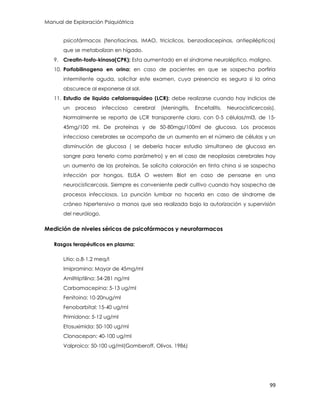 Manual de Exploración Psiquiátrica
99
psicofármacos (fenotiacinas, IMAO, triciclicos, benzodiacepinas, antiepilépticos)
que se metabolizan en hígado.
9. Creatin-fosfo-kinasa(CPK): Esta aumentado en el síndrome neuroléptico. maligno.
10. Porfobilinogeno en orina: en caso de pacientes en que se sospecha porfiria
intermitente aguda, solicitar este examen, cuya presencia es segura si la orina
obscurece al exponerse al sol.
11. Estudio de liquido cefalorraquídeo (LCR): debe realizarse cuando hay indicios de
un proceso infeccioso cerebral (Meningitis, Encefalitis, Neurocisticercosis).
Normalmente se reporta de LCR transparente claro, con 0-5 células/ml3, de 15-
45mg/100 ml. De proteínas y de 50-80mgs/100ml de glucosa. Los procesos
infeccioso cerebrales se acompaña de un aumento en el número de células y un
disminución de glucosa ( se debería hacer estudio simultaneo de glucosa en
sangre para tenerlo como parámetro) y en el caso de neoplasias cerebrales hay
un aumento de las proteínas. Se solicita coloración en tinta china si se sospecha
infección por hongos, ELISA O western Blot en caso de pensarse en una
neurocisticercosis. Siempre es conveniente pedir cultivo cuando hay sospecha de
procesos infecciosos. La punción lumbar no hacerla en caso de síndrome de
cráneo hipertensivo a manos que sea realizada bajo la autorización y supervisión
del neurólogo.
Medición de niveles séricos de psicofármacos y neurofarmacos
Rasgos terapéuticos en plasma:
Litio: o.8-1.2 meq/l
Imipramina: Mayor de 45mg/ml
Amiltriptilina: 54-281 ng/ml
Carbamacepina: 5-13 ug/ml
Fenitoina: 10-20nug/ml
Fenobarbital: 15-40 ug/ml
Primidona: 5-12 ug/ml
Etosuximida: 50-100 ug/ml
Clonacepan: 40-100 ug/ml
Valproico: 50-100 ug/ml(Gomberoff, Olivos. 1986)
 