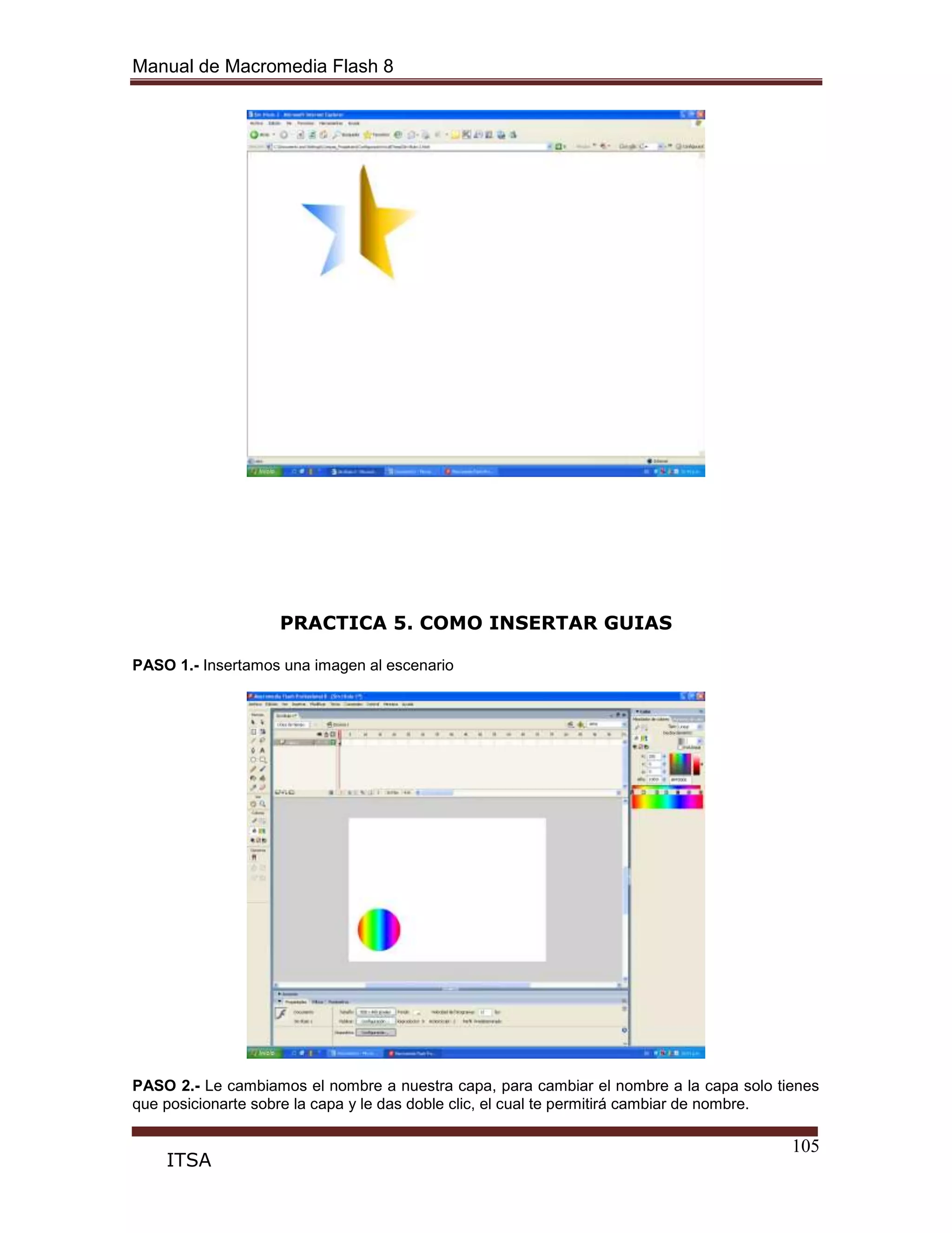 Manual de Macromedia Flash 8
105
ITSA
PRACTICA 5. COMO INSERTAR GUIAS
PASO 1.- Insertamos una imagen al escenario
PASO 2.- Le cambiamos el nombre a nuestra capa, para cambiar el nombre a la capa solo tienes
que posicionarte sobre la capa y le das doble clic, el cual te permitirá cambiar de nombre.
 
