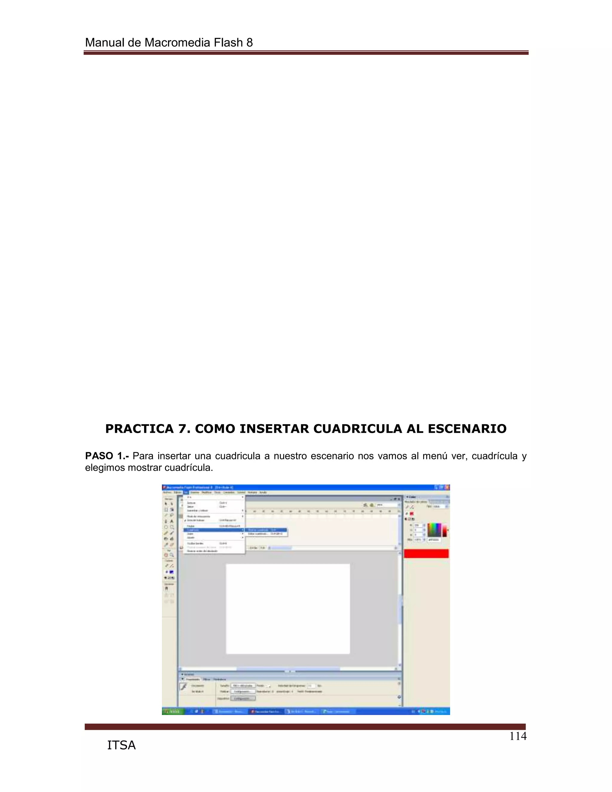 Manual de Macromedia Flash 8
114
ITSA
PRACTICA 7. COMO INSERTAR CUADRICULA AL ESCENARIO
PASO 1.- Para insertar una cuadricula a nuestro escenario nos vamos al menú ver, cuadrícula y
elegimos mostrar cuadrícula.
 