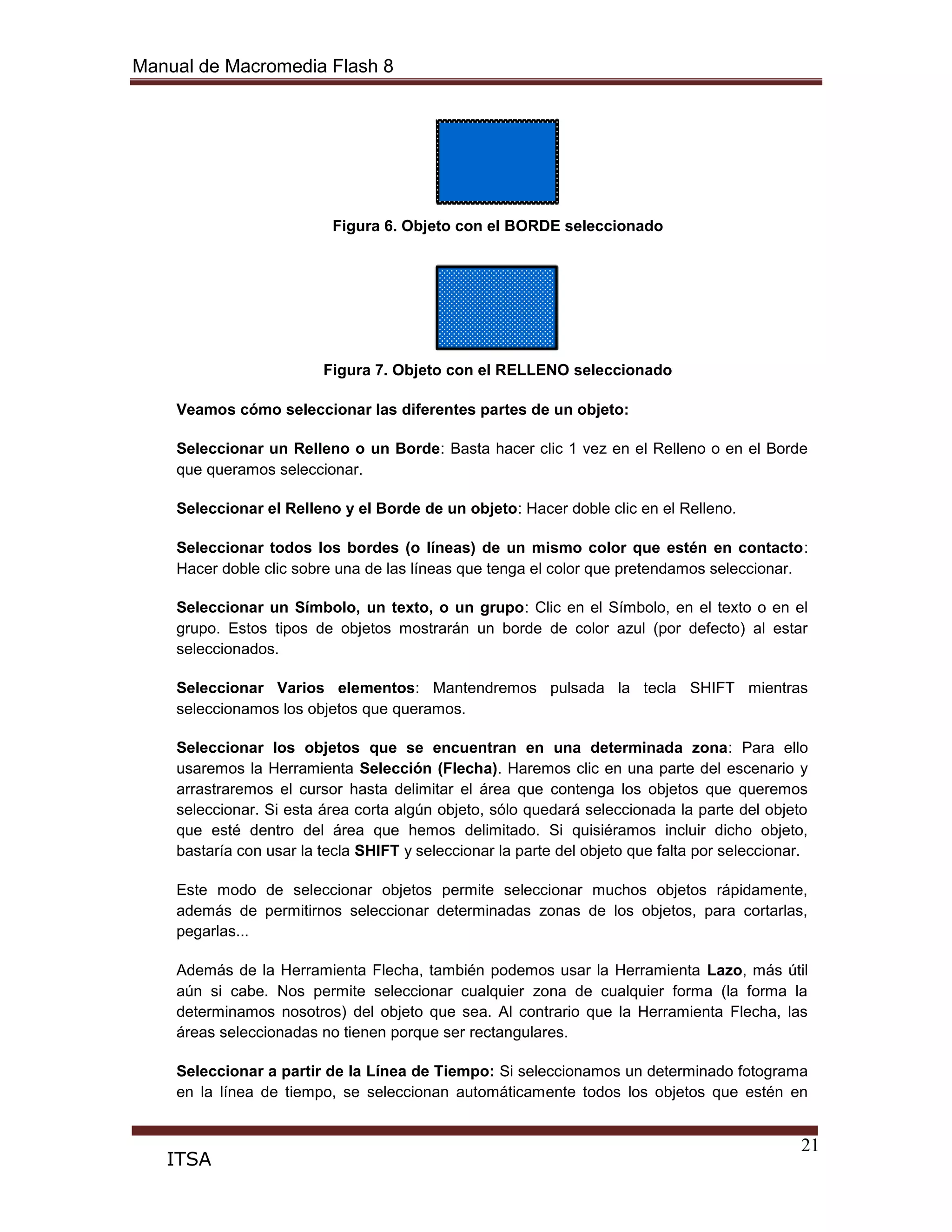 Manual de Macromedia Flash 8
21
ITSA
Figura 6. Objeto con el BORDE seleccionado
Figura 7. Objeto con el RELLENO seleccionado
Veamos cómo seleccionar las diferentes partes de un objeto:
Seleccionar un Relleno o un Borde: Basta hacer clic 1 vez en el Relleno o en el Borde
que queramos seleccionar.
Seleccionar el Relleno y el Borde de un objeto: Hacer doble clic en el Relleno.
Seleccionar todos los bordes (o líneas) de un mismo color que estén en contacto:
Hacer doble clic sobre una de las líneas que tenga el color que pretendamos seleccionar.
Seleccionar un Símbolo, un texto, o un grupo: Clic en el Símbolo, en el texto o en el
grupo. Estos tipos de objetos mostrarán un borde de color azul (por defecto) al estar
seleccionados.
Seleccionar Varios elementos: Mantendremos pulsada la tecla SHIFT mientras
seleccionamos los objetos que queramos.
Seleccionar los objetos que se encuentran en una determinada zona: Para ello
usaremos la Herramienta Selección (Flecha). Haremos clic en una parte del escenario y
arrastraremos el cursor hasta delimitar el área que contenga los objetos que queremos
seleccionar. Si esta área corta algún objeto, sólo quedará seleccionada la parte del objeto
que esté dentro del área que hemos delimitado. Si quisiéramos incluir dicho objeto,
bastaría con usar la tecla SHIFT y seleccionar la parte del objeto que falta por seleccionar.
Este modo de seleccionar objetos permite seleccionar muchos objetos rápidamente,
además de permitirnos seleccionar determinadas zonas de los objetos, para cortarlas,
pegarlas...
Además de la Herramienta Flecha, también podemos usar la Herramienta Lazo, más útil
aún si cabe. Nos permite seleccionar cualquier zona de cualquier forma (la forma la
determinamos nosotros) del objeto que sea. Al contrario que la Herramienta Flecha, las
áreas seleccionadas no tienen porque ser rectangulares.
Seleccionar a partir de la Línea de Tiempo: Si seleccionamos un determinado fotograma
en la línea de tiempo, se seleccionan automáticamente todos los objetos que estén en
 