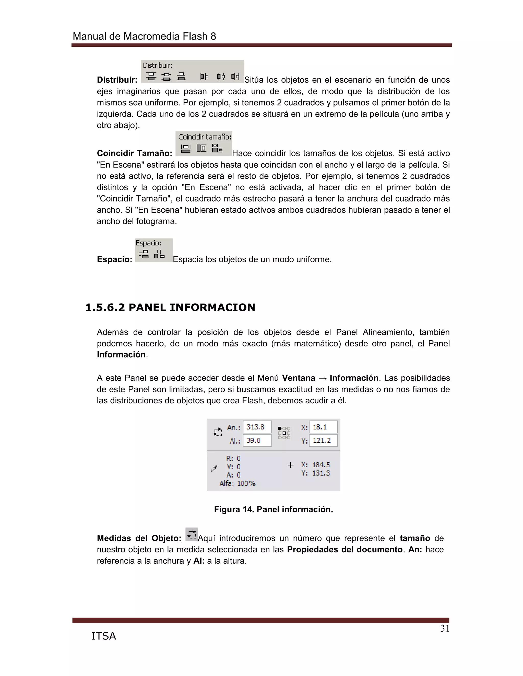 Manual de Macromedia Flash 8
31
ITSA
Distribuir: Sitúa los objetos en el escenario en función de unos
ejes imaginarios que pasan por cada uno de ellos, de modo que la distribución de los
mismos sea uniforme. Por ejemplo, si tenemos 2 cuadrados y pulsamos el primer botón de la
izquierda. Cada uno de los 2 cuadrados se situará en un extremo de la película (uno arriba y
otro abajo).
Coincidir Tamaño: Hace coincidir los tamaños de los objetos. Si está activo
"En Escena" estirará los objetos hasta que coincidan con el ancho y el largo de la película. Si
no está activo, la referencia será el resto de objetos. Por ejemplo, si tenemos 2 cuadrados
distintos y la opción "En Escena" no está activada, al hacer clic en el primer botón de
"Coincidir Tamaño", el cuadrado más estrecho pasará a tener la anchura del cuadrado más
ancho. Si "En Escena" hubieran estado activos ambos cuadrados hubieran pasado a tener el
ancho del fotograma.
Espacio: Espacia los objetos de un modo uniforme.
1.5.6.2 PANEL INFORMACION
Además de controlar la posición de los objetos desde el Panel Alineamiento, también
podemos hacerlo, de un modo más exacto (más matemático) desde otro panel, el Panel
Información.
A este Panel se puede acceder desde el Menú Ventana → Información. Las posibilidades
de este Panel son limitadas, pero si buscamos exactitud en las medidas o no nos fiamos de
las distribuciones de objetos que crea Flash, debemos acudir a él.
Figura 14. Panel información.
Medidas del Objeto: Aquí introduciremos un número que represente el tamaño de
nuestro objeto en la medida seleccionada en las Propiedades del documento. An: hace
referencia a la anchura y Al: a la altura.
 