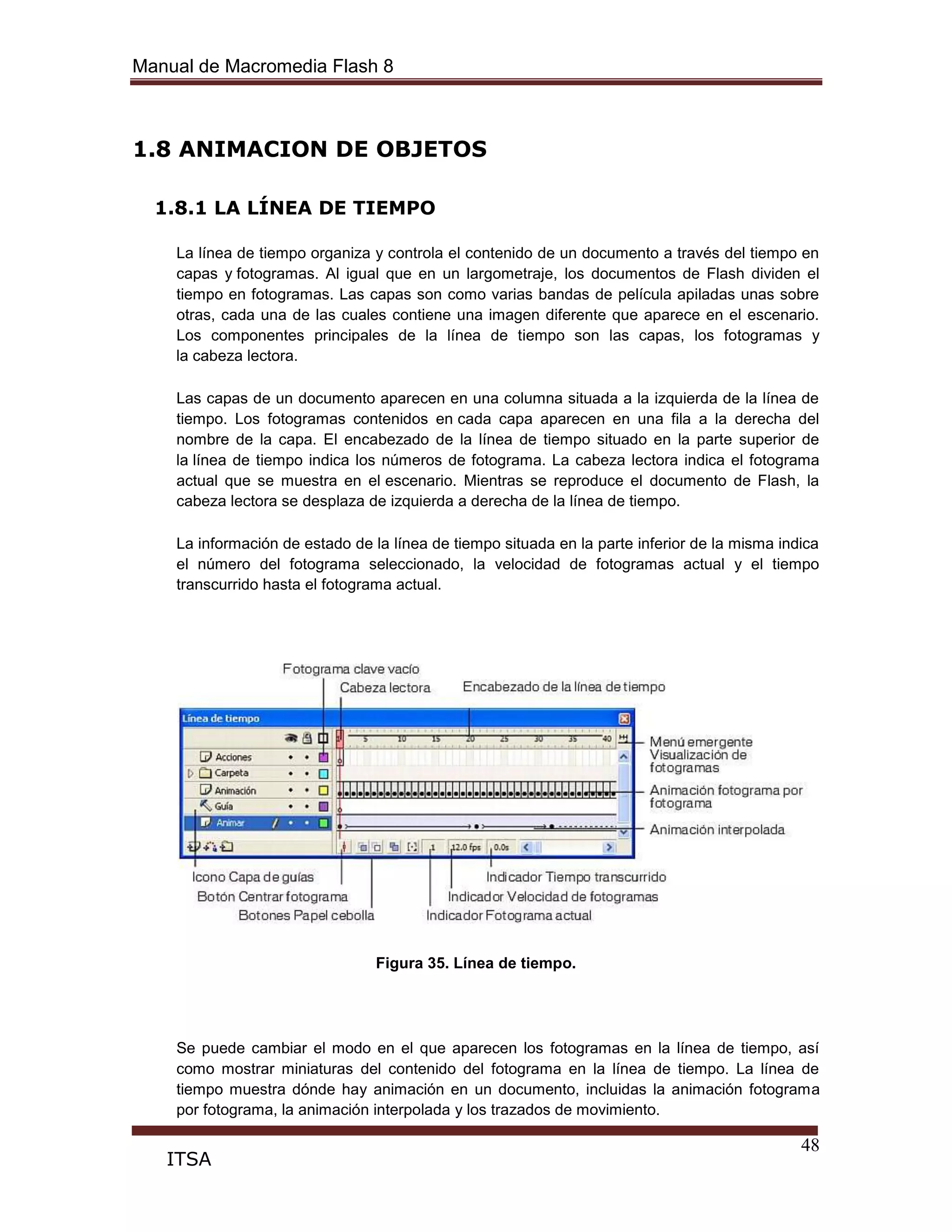 Manual de Macromedia Flash 8
48
ITSA
1.8 ANIMACION DE OBJETOS
1.8.1 LA LÍNEA DE TIEMPO
La línea de tiempo organiza y controla el contenido de un documento a través del tiempo en
capas y fotogramas. Al igual que en un largometraje, los documentos de Flash dividen el
tiempo en fotogramas. Las capas son como varias bandas de película apiladas unas sobre
otras, cada una de las cuales contiene una imagen diferente que aparece en el escenario.
Los componentes principales de la línea de tiempo son las capas, los fotogramas y
la cabeza lectora.
Las capas de un documento aparecen en una columna situada a la izquierda de la línea de
tiempo. Los fotogramas contenidos en cada capa aparecen en una fila a la derecha del
nombre de la capa. El encabezado de la línea de tiempo situado en la parte superior de
la línea de tiempo indica los números de fotograma. La cabeza lectora indica el fotograma
actual que se muestra en el escenario. Mientras se reproduce el documento de Flash, la
cabeza lectora se desplaza de izquierda a derecha de la línea de tiempo.
La información de estado de la línea de tiempo situada en la parte inferior de la misma indica
el número del fotograma seleccionado, la velocidad de fotogramas actual y el tiempo
transcurrido hasta el fotograma actual.
Figura 35. Línea de tiempo.
Se puede cambiar el modo en el que aparecen los fotogramas en la línea de tiempo, así
como mostrar miniaturas del contenido del fotograma en la línea de tiempo. La línea de
tiempo muestra dónde hay animación en un documento, incluidas la animación fotograma
por fotograma, la animación interpolada y los trazados de movimiento.
 