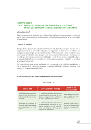 23
MANUAL DE GESTIÓN ESCOLAR
COMPROMISO 1
1.4.1	 PROGRESO ANUAL DE LOS APRENDIZAJES DE TODAS Y 		
		 TODOS LOS ESTUDIANTES DE LA INSTITUCIÓN EDUCATIVA
¿En qué consiste?
Es un compromiso de resultado que evidencia la articulación, implementación y monitoreo
de los otros compromisos de gestión escolar, entendiéndose estos como factores asociados
al aprendizaje.
¿Cuál es su sentido?
El logro de los aprendizajes es la principal tarea de la IE. Por ello, su mejora año tras año es
responsabilidad de la comunidad educativa. Es importante considerar que el enfoque por
competencias contempla que los estudiantes desarrollen las mismas a largo de toda la educa-
ción básica, formándolos como personas que demuestren un “saber actuar” complejo, en la
medida que dominan conocimientos y habilidades a partir de una amplia variedad de saberes
o recursos. Todo ello con la intención de transferirlos a su realidad y utilizarlos en beneficio
propio y de la sociedad.
Un insumo importante para el análisis de este compromiso es la medición realizada por el
sector a través de la Evaluación Censal de Estudiantes (ECE) y la Evaluación Censal de Estu-
diantes en Lengua Originaria (ECELO).
¿Cuál es el indicador y la expectativa de avance del compromiso?
INDICADOR EXPECTATIVA DE AVANCE
FUENTE DE
INFORMACIÓN
Porcentaje de estudiantes que
logran un nivel satisfactorio en
la Evaluación Censal de Estu-
diantes ECE.
La institución educativa demuestra un
incremento en el porcentaje de estu-
diantes que logran el nivel satisfactorio
en la ECE respecto al año anterior.
Reporte anual de resulta-
dos en la ECE de la insti-
tución educativa.
Porcentaje de estudiantes de
los demás grados que alcanzan
nivel satisfactorio en rendi-
miento.
La institución educativa demuestra un
incremento en el porcentaje de estu-
diantes que logran un nivel satisfacto-
rio de aprendizajes en todos los grados,
respecto del año anterior.
Registros y actas de eva-
luación de los estudian-
tes de la institución edu-
cativa
CUADRO N.° 02
 