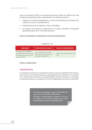 66
MANUAL DE GESTIÓN ESCOLAR
Para la formulación del PAT, es importante desarrollar niveles de reflexión por cada
compromiso de gestión escolar, respondiendo a los siguientes procesos:
•	 Elaboración y revisión del diagnóstico, en el que se identificarán las fortalezas, difi-
cultades y las causas, respectivamente.
•	 El planteamiento de los objetivos, metas y actividades.
•	 Las acciones de monitoreo y seguimiento a las metas, actividades y propuestas
planteadas propias de la comunidad educativa.
¿Cuál es el indicador y la expectativa de avance del compromiso?
CUADRO N.° 48
INDICADOR EXPECTATIVA DE AVANCE FUENTE DE INFORMACIÓN
Porcentaje de actividades
planificadas en el Plan Anual
de Trabajo (PAT) que fueron
implementadas.
La IE implementa las activi-
dades planificadas en el Plan
Anual de Trabajo (PAT).
•	 Matriz de implementación del
PAT.
¿Cómo se implementa?
DIAGNÓSTICO
Es importante considerar la necesidad de evaluar la ejecución del PAT del año anterior,
para analizar si nos permitió mejorar los aprendizajes de los estudiantes y si sus objeti-
vos y metas fueron realmente una responsabilidad colectiva. Asimismo, su evaluación
es importante porque se constituye en insumo indispensable para hacer el nuevo PAT.
Las fechas estratégicas para la formulación
están entre noviembre y diciembre.
El ajuste o reformulación según sea el caso
se realiza en la primera semana de marzo
denominada semana de planificación.
 