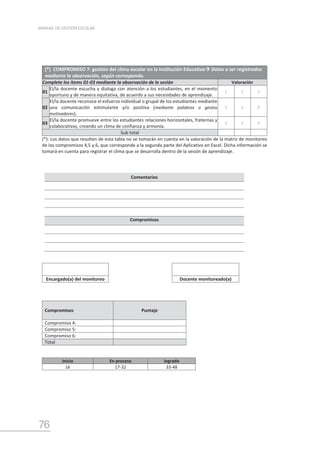 76
MANUAL DE GESTIÓN ESCOLAR
(*) COMPROMISO 7: gestión del clima escolar en la Institución Educativa Datos a ser registrados
mediante la observación, según corresponda.
Complete los ítems 01-03 mediante la observación de la sesión Valoración
01
El/la docente escucha y dialoga con atención a los estudiantes, en el momento
oportuno y de manera equitativa, de acuerdo a sus necesidades de aprendizaje.
1 2 3
02
El/la docente reconoce el esfuerzo individual o grupal de los estudiantes mediante
una comunicación estimulante y/o positiva (mediante palabras o gestos
motivadores).
1 2 3
03
El/la docente promueve entre los estudiantes relaciones horizontales, fraternas y
colaborativas, creando un clima de confianza y armonía.
1 2 3
Sub total
(*): Los datos que resulten de esta tabla no se tomarán en cuenta en la valoración de la matriz de monitoreo
de los compromisos 4,5 y 6, que corresponde a la segunda parte del Aplicativo en Excel. Dicha información se
tomará en cuenta para registrar el clima que se desarrolla dentro de la sesión de aprendizaje.
Comentarios
Compromisos
Compromisos Puntaje
Compromiso 4:
Compromiso 5:
Compromiso 6:
Total
Inicio En proceso logrado
16 17-32 33-48
Encargado(a) del monitoreo Docente monitoreado(a)
 