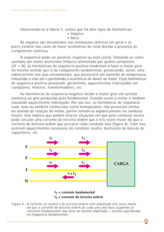13
CARACTERIZAÇÃO DOS SINAIS HARMÔNICOS COMO LIDAR COM A PRESENÇA DAS HARMÔNICAS
55
Observando-se a tabela 2, vemos que há dois tipos de harmônicas:
• Ímpares
• Pares
As ímpares são encontradas nas instalações elétricas em geral e as
pares existem nos casos de haver assimetrias do sinal devido à presença de
componente contínua.
A seqüência pode ser positiva, negativa ou nula (zero). Tomando-se como
exemplo um motor assíncrono trifásico alimentado por quatro condutores
(3F + N), as harmônicas de seqüência positiva tenderiam a fazer o motor girar
no mesmo sentido que o da componente fundamental, provocando, assim, uma
sobrecorrente nos seus enrolamentos, que provocaria um aumento de temperatura,
reduzindo a vida útil e permitindo a ocorrência de danos ao motor. Essas harmônicas
de seqüência positiva provocam, geralmente, aquecimentos indesejados em
condutores, motores, transformadores, etc.
As harmônicas de seqüência negativa fariam o motor girar em sentido
contrário ao giro produzido pela fundamental, freando assim o motor e também
causando aquecimento indesejado. Por sua vez, as harmônicas de seqüência
nula, zero ou também conhecidas como homopolares, não provocam efeitos
no sentido de rotação do motor, porém somam-se algebricamente no condutor
neutro. Isso implica que podem ocorrer situações em que pelo condutor neutro
pode circular uma corrente de terceira ordem que é três vezes maior do que a
corrente de terceira ordem que percorre cada condutor fase (figura 4). Com isso,
ocorrem aquecimentos excessivos do condutor neutro, destruição de bancos de
capacitores, etc.
Figura 4 - A corrente no neutro é de terceira ordem com amplitude três vezes maior
do que a corrente de terceira ordem de cada uma das fases (supondo as
correntes fundamentais das fases de mesma amplitude = sistema equilibrado
na freqüência fundamental).
Limites da norma IEC 61000-3-2 aplicados a um PC de 200W
1 — 1,201
3 0,908 0,977 *
5 0,508 0,620 *
7 0,266 0,264
9 0,133 0,068
11 0,094 0,114 *
13 0,079 0,089 *
15 0,069 0,029
17 0,061 0,042
19 0,054 0,044
21 0,049 0,019
23 0,045 0,020
Harmônica Limite Onda da fig. 6b
h (A rms) (A rms)
(*) valor de norma excedido
Tabela 8
NORMA SOBRE INSTALAÇÕES ELÉTRICAS
A norma IEEE 519-2 traz recomendações explícitas de limites de THDI a
serem respeitados nos mais diversos pontos de uma instalação elétrica, conforme
indicado na sua tabela reproduzida a seguir.
 