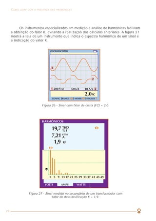 49
COMO LIDAR COM A PRESENÇA DAS HARMÔNICAS CARACTERIZAÇÃO DOS SINAIS HARMÔNICOS
17
No Brasil, não há ainda valores normalizados para THDf nas instalações
elétricas. Nesse caso, uma sugestão é adotar, por exemplo, os valores máximos
expressos na norma IEEE 519-2 (ver item 6.3).
São definidos dois valores para THD, sendo um para tensão (THDU) e outro
para corrente (THDI), os quais indicam, respectivamente, o grau de distorção das
ondas de tensão e corrente, quando comparadas com as senóides puras.
É importante lembrar que a distorção de corrente, indicada pela THDI, é
provocada pela carga, ao passo que a distorção de tensão (THDU) é produzida
pela fonte geradora como conseqüência da circulação de correntes distorcidas
pela instalação. Isso provoca uma espécie de “efeito de bola de neve” uma vez
que, se a tensão é deformada, as correntes nas cargas também se deformam e, se
as correntes se deformam, as tensões se deformam mais ainda e assim por diante
(lembre-se de que U = Z x I).
Para exemplificar, vamos determinar o valor de THDf para um sinal de corrente
que possua as seguintes características medidas em um dado ponto do circuito:
Ordem Valor em A
Tabela 3 - Exemplo de correntes harmônicas em um dado sinal.
Da tabela 3, temos:
h1 3,63
h3 2,33
h5 0,94
h7 0,69
h9 0,50
h11 0,41
h13 0,33
Total 4,53
(2,33)2
+ (0,94)2
+ (0,69)2
+ (0,50)2
+ (0,41)2
+ (0,33)2
THDf = x 100% = 74,5%
3,63
Figura 26 - Sinal com fator de crista (FC) = 2,0.
Os instrumentos especializados em medição e análise de harmônicas facilitam
a obtenção do fator K, evitando a realização dos cálculos anteriores. A figura 27
mostra a tela de um instrumento que indica o espectro harmônico de um sinal e
a indicação do valor K.
Figura 27 - Sinal medido no secundário de um transformador com
fator de desclassificação K = 1,9.
 