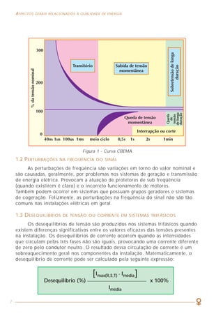 7
ASPECTOS GERAIS RELACIONADOS À QUALIDADE DE ENERGIA COMO LIDAR COM A PRESENÇA DAS HARMÔNICAS
61
Figura 1 - Curva CBEMA.
1.2 PERTURBAÇÕES NA FREQÜÊNCIA DO SINAL
As perturbações de freqüência são variações em torno do valor nominal e
são causadas, geralmente, por problemas nos sistemas de geração e transmissão
de energia elétrica. Provocam a atuação de protetores de sub freqüência
(quando existirem é claro) e o incorreto funcionamento de motores.
Também podem ocorrer em sistemas que possuam grupos geradores e sistemas
de cogeração. Felizmente, as perturbações na freqüência do sinal não são tão
comuns nas instalações elétricas em geral.
1.3 DESEQUILÍBRIOS DE TENSÃO OU CORRENTE EM SISTEMAS TRIFÁSICOS
Os desequilíbrios de tensão são produzidos nos sistemas trifásicos quando
existem diferenças significativas entre os valores eficazes das tensões presentes
na instalação. Os desequilíbrios de corrente ocorrem quando as intensidades
que circulam pelas três fases não são iguais, provocando uma corrente diferente
de zero pelo condutor neutro. O resultado dessa circulação de corrente é um
sobreaquecimento geral nos componentes da instalação. Matematicamente, o
desequilíbrio de corrente pode ser calculado pela seguinte expressão:
Imax(R,S,T) - Imédia
Desequilíbrio (%) x 100%
Imédia
[ ]
C) FILTRO (CONDICIONADOR) ATIVO
O filtro (ou condicionador) ativo é usualmente ligado em paralelo entre a
fonte e a carga poluidora, conforme a figura 31.
Esse filtro analisa cada uma das fases continuamente, em tempo real,
monitorando a corrente de carga ICH. Dessa análise, obtém-se o espectro
harmônico, que é a indicação da presença da fundamental e de todas as demais
componentes harmônicas do sinal.
O condicionador então gera um sinal de corrente (IFA) que é igual à diferença
entre a corrente total de carga (ICH) e a fundamental (ICH1). Essa corrente (IFA),
que é a soma das correntes harmônicas defasadas de 180°, é injetada na carga
de forma que a resultante no ponto de ligação do filtro ativo será uma corrente
senoidal semelhante (forma de onda e intensidade) à fundamental da fonte.
Com esse funcionamento, não existe a circulação de correntes harmônicas
no trecho entre a fonte e o nó A da figura 31, o que assegura que outros eventuais
equipamentos ligados nesse trecho da instalação não irão ser afetados pela presença
da carga harmônica.
Os filtros ativos, que via de regra empregam transistores IGBT no módulo
de potência, são geralmente projetados para cobrir uma faixa do espectro
harmônico (tipicamente de H2 a H25 - 2ª à 25ª harmônicas), são relativamente
simples de instalar e podem ser conectados em qualquer ponto da instalação,
visando a compensação das harmônicas geradas por uma ou várias cargas não lineares.
Figura 31 - Ligação típica de um filtro ativo de harmônicas.
 
