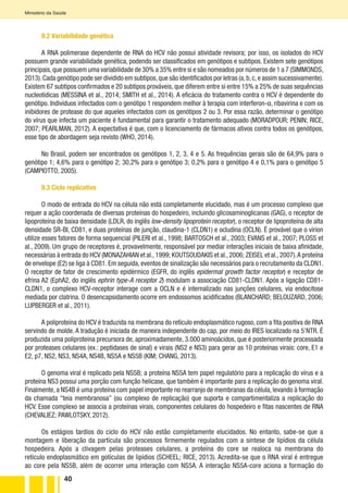 40
Ministério da Saúde
9.2 Variabilidade genética
A RNA polimerase dependente de RNA do HCV não possui atividade revisora; por isso, os isolados do HCV
possuem grande variabilidade genética, podendo ser classificados em genótipos e subtipos. Existem sete genótipos
principais,que possuem uma variabilidade de 30% a 35% entre si e são nomeados por números de 1 a 7 (SIMMONDS,
2013).Cada genótipo pode ser dividido em subtipos,que são identificados por letras (a,b,c,e assim sucessivamente).
Existem 67 subtipos confirmados e 20 subtipos prováveis, que diferem entre si entre 15% a 25% de suas sequências
nucleotídicas (MESSINA et al., 2014; SMITH et al., 2014). A eficácia do tratamento contra o HCV é dependente do
genótipo. Indivíduos infectados com o genótipo 1 respondem melhor à terapia com interferon-α, ribavirina e com os
inibidores de protease do que aqueles infectados com os genótipos 2 ou 3. Por essa razão, determinar o genótipo
do vírus que infecta um paciente é fundamental para garantir o tratamento adequado (MORADPOUR; PENIN; RICE,
2007; PEARLMAN, 2012). A expectativa é que, com o licenciamento de fármacos ativos contra todos os genótipos,
esse tipo de abordagem seja revisto (WHO, 2014).
No Brasil, podem ser encontrados os genótipos 1, 2, 3, 4 e 5. As frequências gerais são de 64,9% para o
genótipo 1; 4,6% para o genótipo 2; 30,2% para o genótipo 3; 0,2% para o genótipo 4 e 0,1% para o genótipo 5
(CAMPIOTTO, 2005).
9.3 Ciclo replicativo
O modo de entrada do HCV na célula não está completamente elucidado, mas é um processo complexo que
requer a ação coordenada de diversas proteínas do hospedeiro, incluindo glicosaminoglicanas (GAG), o receptor de
lipoproteína de baixa densidade (LDLR, do inglês low-density lipoprotein receptor), o receptor de lipoproteína de alta
densidade SR-BI, CD81, e duas proteínas de junção, claudina-1 (CLDN1) e ocludina (OCLN). É provável que o vírion
utilize esses fatores de forma sequencial (PILERI et al., 1998; BARTOSCH et al., 2003; EVANS et al., 2007; PLOSS et
al., 2009). Um grupo de receptores é, provavelmente, responsável por mediar interações iniciais de baixa afinidade,
necessárias à entrada do HCV (MONAZAHIAN et al.,1999; KOUTSOUDAKIS et al.,2006; ZEISEL et al.,2007).A proteína
de envelope (E2) se liga à CD81. Em seguida, eventos de sinalização são necessários para o recrutamento da CLDN1.
O receptor de fator de crescimento epidérmico (EGFR, do inglês epidermal growth factor receptor) e receptor de
efrina A2 (EphA2, do inglês ephrin type-A receptor 2) modulam a associação CD81-CLDN1. Após a ligação CD81-
CLDN1, o complexo HCV-receptor interage com a OCLN e é internalizado nas junções celulares, via endocitose
mediada por clatrina. O desencapsidamento ocorre em endossomos acidificados (BLANCHARD; BELOUZARD, 2006;
LUPBERGER et al., 2011).
A poliproteína do HCV é traduzida na membrana do retículo endoplasmático rugoso, com a fita positiva de RNA
servindo de molde. A tradução é iniciada de maneira independente do cap, por meio do IRES localizado na 5’NTR. É
produzida uma poliproteína precursora de, aproximadamente, 3.000 aminoácidos, que é posteriormente processada
por proteases celulares (ex.: peptidases de sinal) e virais (NS2 e NS3) para gerar as 10 proteínas virais: core, E1 e
E2, p7, NS2, NS3, NS4A, NS4B, NS5A e NS5B (KIM; CHANG, 2013).
O genoma viral é replicado pela NS5B; a proteína NS5A tem papel regulatório para a replicação do vírus e a
proteína NS3 possui uma porção com função helicase, que também é importante para a replicação do genoma viral.
Finalmente, a NS4B é uma proteína com papel importante no rearranjo de membranas da célula, levando à formação
da chamada “teia membranosa” (ou complexo de replicação) que suporta e compartimentaliza a replicação do
HCV. Esse complexo se associa a proteínas virais, componentes celulares do hospedeiro e fitas nascentes de RNA
(CHEVALIEZ; PAWLOTSKY, 2012).
Os estágios tardios do ciclo do HCV não estão completamente elucidados. No entanto, sabe-se que a
montagem e liberação da partícula são processos firmemente regulados com a síntese de lipídios da célula
hospedeira. Após a clivagem pelas proteases celulares, a proteína do core se realoca na membrana do
retículo endoplasmático em gotículas de lipídios (SCHEEL; RICE, 2013). Acredita-se que o RNA viral é entregue
ao core pela NS5B, além de ocorrer uma interação com NS5A. A interação NS5A-core aciona a formação do
 