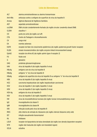 Lista de Abreviaturas
ALT		 alanina aminotransferase ou alanina transaminase
Anti-HBs	 anticorpo contra o antígeno de superfície do vírus da hepatite B
Anvisa		 Agência Nacional de Vigilância Sanitária
AST		 aspartato aminotransferase
cccDNA		 DNA circular covalentemente fechado (do inglês circular covalently closed DNA)
CLDN1		 claudina-1
CO		 ponto de corte (do inglês cut-off)
CTA		 Centro de Testagem e Aconselhamento
CV		 carga viral
EA		 eventos adversos
EGFR 		 receptor de fator de crescimento epidérmico (do inglês epidermal growth factor receptor)
ELISA		 ensaio imunoenzimático (do inglês enzyme-linked immunosorbent assay)
EphA2		 receptor de efrina A2 (do inglês ephrin type-A receptor 2)
FO		 fluido oral
G		 glossário
GAG		 proteínas glicosaminoglicanas
HAV		 vírus da hepatite A (do inglês hepatitis A virus)
HBcAg		 antígeno core do vírus da hepatite B
HBeAg		 antígeno “e” do vírus da hepatite B
HBsAg		 antígeno de superfície do vírus da hepatite B ou antígeno “s” do vírus da hepatite B
HBV		 vírus da hepatite B (do inglês hepatitis B virus)
HCC		 carcinoma hepatocelular (do inglês hepatocellular carcinoma)
HCV		 vírus da hepatite C (do inglês hepatitis C virus)
HDV		 vírus da hepatite D (do inglês hepatitis D virus)
HDV-Ag		 antígeno do vírus da hepatite D
HEV		 vírus da hepatite E (do inglês hepatitis E virus)
HIV		 vírus da imunodeficiência humana (do inglês human immunodeficiency virus)
IgG		 imunoglobulina da classe G
IgM		 imunoglobulina da classe M
IOB		 infecção oculta pelo vírus da hepatite B
IRES		 sítio interno de entrada do ribossomo (do inglês internal ribosome entry site)
IST		 infeção sexualmente transmissível
Kb		 kilobases
LDLR 		 receptor de lipoproteína de baixa densidade (do inglês low-density lipoprotein receptor)
NTR		 região não traduzida (do inglês non translated region)
OCLN		 ocludina
 