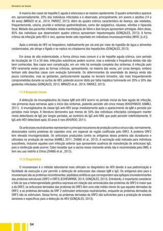 54
Ministério da Saúde
A maioria dos casos de hepatite E aguda é silenciosa e se resolve rapidamente. O quadro sintomático aparece
em, aproximadamente, 20% dos indivíduos infectados e é observado, principalmente, em jovens e adultos (14 a
40 anos) (MIRAZO et al., 2014; PARVEZ, 2013). Além do quadro ictérico característico de doença, são relatados,
frequentemente, colúria, prurido e sintomas gastrointestinais, como dor epigástrica, náuseas, vômitos e hipocolia
fecal. Metade dos pacientes infetados relata manifestação de febre e dois terços apresentam artralgias. Além disso,
85% dos indivíduos que desenvolvem quadro ictérico apresentam hepatomegalia (GONÇALES, 2013). A forma
crônica da infecção pelo HEV é rara, apenas tendo sido reportada em indivíduos imunossuprimidos (WHO, [s.d.]).
Após a entrada do HEV no hospedeiro, habitualmente por via oral por meio da ingestão de água e alimentos
contaminados, ele atinge o fígado e se replica no citoplasma dos hepatócitos (GONÇALES, 2013).
Em áreas de alta endemicidade, a forma clínica mais comum é a de hepatite aguda ictérica, com período
de incubação de 15 a 50 dias. Infecções subclínicas podem ocorrer, mas a extensão e frequência destas não são
bem conhecidas. Nos casos sem complicação, em um mês há remissão completa dos sintomas. A infecção pelo
HEV raramente evolui para as formas crônicas, apresentando, na maioria das vezes, um curso benigno, embora
tenham sido descritos casos com evolução fulminante. Os determinantes da severidade da doença ainda são
pouco conhecidos, mas as gestantes, particularmente aquelas no terceiro trimestre, são mais frequentemente
comprometidas durante os surtos de HEV, podendo ocorrer óbito por falha hepática fulminante em 20% a 30% das
gestantes infectadas (GONÇALES, 2013; MIRAZO et al., 2014; PARVEZ, 2013).
11.4 Resposta imune
A detecção da imunoglobulina da classe IgM anti-HEV ocorre no período inicial da fase aguda de infecção,
nas primeiras duas semanas após o início dos sintomas, podendo persistir até cinco meses (KHUDYAKOV; KAMILI,
2011). A imunoglobulina da classe IgG anti-HEV surge imediatamente após o aparecimento da IgM e persiste por
períodos mais longos. A literatura demonstra que menos de 50% dos indivíduos infectados conseguem manter
níveis detectáveis de IgG por longos períodos, ao contrário do IgG anti-HAV, que pode persistir indefinidamente. O
IgG anti-HEV detectável após 30 anos é raro (KHUROO, 2011).
Osanticorposneutralizantesrepresentamoprincipalmecanismodeproteçãocontraovírusesão,normalmente,
direcionados contra proteínas do capsídeo viral, em especial da região codificada pelo ORF2. A proteína ORF2
tem elevada imunogenicidade. Os anticorpos produzidos contra os antígenos dessa proteína são duradouros e
utilizados na produção de vacinas (KAMILI, 2011; ZHANG et al., 2012). A vacinação está indicada para indivíduos
suscetíveis, inclusive aqueles com infecção anterior que apresentem ausência de manutenção de anticorpos IgG,
pois a reinfecção pode ocorrer. Cabe ressaltar que a vacina nesse momento ainda não é recomendada pela OMS, e
tem seu uso restrito à China (ZHANG et al., 2012).
11.5 Diagnóstico
O imunoensaio é o método laboratorial mais utilizado no diagnóstico de HEV devido à sua padronização e
facilidade de execução e por permitir a detecção de anticorpos das classes IgM e IgG. Os antígenos-alvo para o
imunoensaio são as proteínas recombinantes,peptídeos sintéticos que correspondem aos epítopos imunodominantes
das proteínas estruturais (ORF2 e ORF3) (ECHEVARRÍA, 2014; GONÇALES, 2013). Entretanto, é importante considerar
o fato de que a heterogeneidade genética expressa em relação aos aminoácidos das proteínas da ORF3 é maior que
a da ORF2; os anticorpos derivados das proteínas da ORF3 têm uma vida média menor do que aqueles derivados da
ORF2; e as proteínas derivadas da ORF 2 estimulam anticorpos neutralizantes, enquanto as proteínas derivadas da
ORF3 não os estimulam. Dessa forma, as proteínas derivadas da ORF2 são suficientes para a produção de ensaios
sensíveis e específicos para a detecção do HEV (GONÇALES, 2013).
 