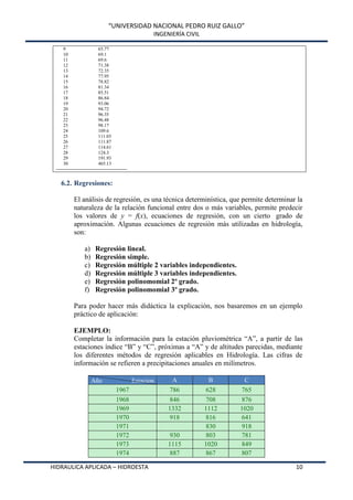 “UNIVERSIDAD NACIONAL PEDRO RUIZ GALLO”
INGENIERÍA CIVIL
HIDRAULICA APLICADA – HIDROESTA 10
9 65.77
10 69.1
11 69.6
12 71.38
13 72.35
14 77.95
15 78.82
16 81.34
17 85.51
18 86.84
19 93.06
20 94.72
21 96.35
22 96.48
23 98.17
24 109.6
25 111.03
26 111.87
27 114.61
28 124.3
29 191.93
30 465.13
---------------------------------------------
6.2. Regresiones:
El análisis de regresión, es una técnica determinística, que permite determinar la
naturaleza de la relación funcional entre dos o más variables, permite predecir
los valores de y = f(x), ecuaciones de regresión, con un cierto grado de
aproximación. Algunas ecuaciones de regresión más utilizadas en hidrología,
son:
a) Regresión lineal.
b) Regresión simple.
c) Regresión múltiple 2 variables independientes.
d) Regresión múltiple 3 variables independientes.
e) Regresión polinomomial 2º grado.
f) Regresión polinomomial 3º grado.
Para poder hacer más didáctica la explicación, nos basaremos en un ejemplo
práctico de aplicación:
EJEMPLO:
Completar la información para la estación pluviométrica “A”, a partir de las
estaciones índice “B” y “C”, próximas a “A” y de altitudes parecidas, mediante
los diferentes métodos de regresión aplicables en Hidrología. Las cifras de
información se refieren a precipitaciones anuales en milímetros.
Año Estacion A B C
1967 786 628 765
1968 846 708 876
1969 1332 1112 1020
1970 918 816 641
1971 830 918
1972 930 803 781
1973 1115 1020 849
1974 887 867 807
 