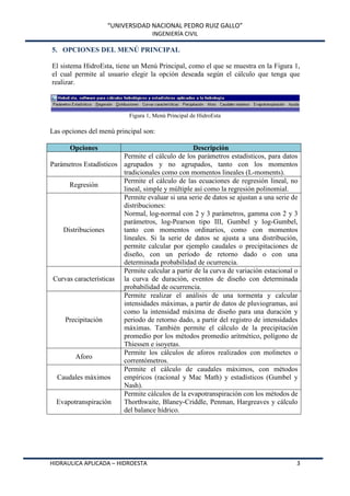 “UNIVERSIDAD NACIONAL PEDRO RUIZ GALLO”
INGENIERÍA CIVIL
HIDRAULICA APLICADA – HIDROESTA 3
5. OPCIONES DEL MENÚ PRINCIPAL
El sistema HidroEsta, tiene un Menú Principal, como el que se muestra en la Figura 1,
el cual permite al usuario elegir la opción deseada según el cálculo que tenga que
realizar.
Figura 1, Menú Principal de HidroEsta
Las opciones del menú principal son:
Opciones Descripción
Parámetros Estadísticos
Permite el cálculo de los parámetros estadísticos, para datos
agrupados y no agrupados, tanto con los momentos
tradicionales como con momentos lineales (L-moments).
Regresión
Permite el cálculo de las ecuaciones de regresión lineal, no
lineal, simple y múltiple así como la regresión polinomial.
Distribuciones
Permite evaluar si una serie de datos se ajustan a una serie de
distribuciones:
Normal, log-normal con 2 y 3 parámetros, gamma con 2 y 3
parámetros, log-Pearson tipo III, Gumbel y log-Gumbel,
tanto con momentos ordinarios, como con momentos
lineales. Si la serie de datos se ajusta a una distribución,
permite calcular por ejemplo caudales o precipitaciones de
diseño, con un período de retorno dado o con una
determinada probabilidad de ocurrencia.
Curvas características
Permite calcular a partir de la curva de variación estacional o
la curva de duración, eventos de diseño con determinada
probabilidad de ocurrencia.
Precipitación
Permite realizar el análisis de una tormenta y calcular
intensidades máximas, a partir de datos de pluviogramas, así
como la intensidad máxima de diseño para una duración y
periodo de retorno dado, a partir del registro de intensidades
máximas. También permite el cálculo de la precipitación
promedio por los métodos promedio aritmético, polígono de
Thiessen e isoyetas.
Aforo
Permite los cálculos de aforos realizados con molinetes o
correntómetros.
Caudales máximos
Permite el cálculo de caudales máximos, con métodos
empíricos (racional y Mac Math) y estadísticos (Gumbel y
Nash).
Evapotranspiración
Permite cálculos de la evapotranspiración con los métodos de
Thorthwaite, Blaney-Criddle, Penman, Hargreaves y cálculo
del balance hídrico.
 