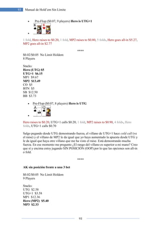 93
93 Manual de Hold’em Sin Límite
• Pre-Flop ($0.07, 9 players) Hero is UTG+1
•
1 fold, Hero raises to $0.20, 1 fold, MP2 raises to $0.80, 5 folds, Hero goes all-in $5.27,
MP2 goes all-in $2.77
****
$0.02/$0.05 No Limit Holdem
8 Players
Stacks:
Hero (UTG) $5
UTG+1 $6.15
MP1 $9.67
MP2 $13.49
CO $5
BTN $5
SB $12.50
BB $3.73
• Pre-Flop ($0.07, 8 players) Hero is UTG
•
Hero raises to $0.20, UTG+1 calls $0.20, 1 fold, MP2 raises to $0.90, 4 folds, Hero
folds, UTG+1 calls $0.70
Salgo pegando desde UTG demostrando fuerza, el villano de UTG+1 hace cold call (ve
el raise) y el villano de MP2 le da igual que yo haya aumentado la apuesta desde UTG y
le da igual que haya otro villano que me ha visto el raise. Está demostrando mucha
fuerza. En ese momento me pregunto ¿El rango del villano es superior a mi mano? Creo
que sí y encima estoy jugando SIN POSICIÓN (OOP) por lo que las opciones son all-in
o fold.
****
AK sin posición frente a una 3 bet
$0.02/$0.05 No Limit Holdem
9 Players
Stacks:
UTG $2.58
UTG+1 $3.58
MP1 $12.36
Hero (MP2) $5.40
MP3 $2.33
 