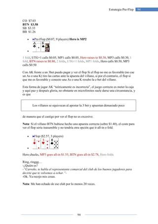 94
94Estrategia Pre-Flop
CO $7.03
BTN $3.58
SB $3.33
BB $1.26
• Pre-Flop ($0.07, 9 players) Hero is MP2
•
1 fold, UTG+1 calls $0.05, MP1 calls $0.05, Hero raises to $0.30, MP3 calls $0.30, 1
fold, BTN raises to $0.80, 2 folds, UTG+1 folds, MP1 folds, Hero calls $0.50, MP3
calls $0.50
Con AK frente a un 3bet puedo pagar y ver el flop Si el flop no me es favorable (no cae
un As o una K) tiro las cartas ante la apuesta del villano, si por el contrario, el flop sí
que me es favorable y conecto una As o una K resubo la c-bet del villano.
Esta forma de jugar AK “teóricamente es incorrecta”, el juego correcto es meter la caja
y aquí paz y después gloria, no obstante en microlímites suele darse una circunstancia, y
es que
Los villanos se equivocan al apostar la 3 bet y apuestan demasiado poco
de manera que el castigo por ver el flop no es excesivo.
Nota: Si el villano BTN hubiese hecho una apuesta correcta (sobre $1.40), el coste para
ver el flop sería inasumible y no tendría otra opción que ir all-in o fold.
• Flop ($2.57, 3 players)
•
Hero checks, MP3 goes all-in $1.53, BTN goes all-in $2.78, Hero folds
Ring, ringgg…
-¿Quién es?
-“Carreño, te habla el representante comarcal del club de los buenos jugadores para
decirte que te volvemos a echar.”-
-Ok. Ya recojo mis cosas.
Nota: Me han echado de ese club por lo menos 20 veces.
 