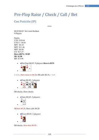 120
120Estrategia en el River
Pre-Flop Raise / Check / Call / Bet
Con Posición (IP)
****
$0.02/$0.05 No Limit Holdem
9 Players
Stacks:
UTG $10.64
UTG+1 $4.81
MP1 $5.10
MP2 $11.46
MP3 $4.98
CO $17.27
Hero (BTN) $5.85
SB $1.98
BB $13.96
• Pre-Flop ($0.07, 9 players) Hero is BTN
•
6 folds, Hero raises to $0.20, SB calls $0.18, 1 fold
• Flop ($0.45, 2 players)
•
SB checks, Hero checks
• Turn ($0.45, 2 players)
•
SB bets $0.20, Hero calls $0.20
• River ($0.85, 2 players)
•
SB checks, Hero bets $0.50…
 