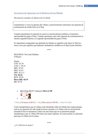 152
152Hold’em Sin Límite: FullRing
Secuencia de Apuestas en la Defensa de los Blinds
Movimiento estándar de defensa de los blinds
Aumentamos 3 veces la apuesta del villano y posteriormente realizamos una apuesta de
continuación de medio bote en el flop
Cuando aumentamos la apuesta (re-raise) es nuestra primera defensa y la primera
oportunidad de ganar el bote. Cuando apostamos una c-bet (apuesta de continuación) es
nuestra segunda defensa y la segunda oportunidad de ganar el bote.
Es importante comprender que defender los blinds no significa solo hacer la 3bet (re-
raise), sino que significa que debemos defenderlos también en el flop (como mínimo).
****
$0.02/$0.05 No Limit Holdem
9 Players
Stacks:
UTG $1.78
UTG+1 $5.51
MP1 $7.47
MP2 $1.87
MP3 $12.17
CO $5.22
BTN $3.93
Hero (SB) $5.19
BB $5.18
• Pre-Flop ($0.07, 9 players) Hero is SB
•
5 folds, CO raises to $0.15, 1 fold, Hero raises to $0.45, 1 fold, CO folds
Como interpretamos que el villano está intentando robar los blinds (las ciegas) porque
está en un situación de robo (toda la mesa a pasado y el villano está en una posición
atrasada (CO)) re-raiseamos (3 bet) con una mano que no es premium porque
interpretamos que el villano NO tiene una mano legítima. En está ocasión es suficiente
para que el villano tire la mano.
****
-¿Y si NO tira la mano?-
 