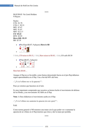153
153 Manual de Hold’em Sin Límite
****
$0.02/$0.05 No Limit Holdem
9 Players
Stacks:
UTG $1.78
UTG+1 $5.51
MP1 $7.47
MP2 $1.87
MP3 $12.17
CO $5.22
BTN $3.93
Hero (SB) $5.19
BB $5.18
• Pre-Flop ($0.07, 9 players) Hero is SB
•
5 folds, CO raises to $0.15, 1 fold, Hero raises to $0.45, 1 fold, CO calls $0.30
• Flop ($0.97, 2 players)
•
Hero bets $0.60…
Aunque el flop no es favorable, como hemos demostrado fuerza en el pre-flop debemos
seguir aparentándola en el flop. Una c-bet del 60% del bote.
-“¿Y si el villano nos ve la apuesta?”-
Pues ya veremos que hacemos en el turn.
Es muy importante comprender que nosotros ya hemos hecho el movimiento de defensa
de los blinds, y ese movimiento ACABA en el flop.
Nota: A fines didácticos el movimiento acaba en el flop.
-“¿Y si el villano nos aumenta la apuesta (en este spot)?”-
Fold.
Como norma general si NO tenemos una mano con la que poder ver o aumentar la
apuesta de un villano en el flop tenemos que irnos y dar la mano por perdida.
****
 