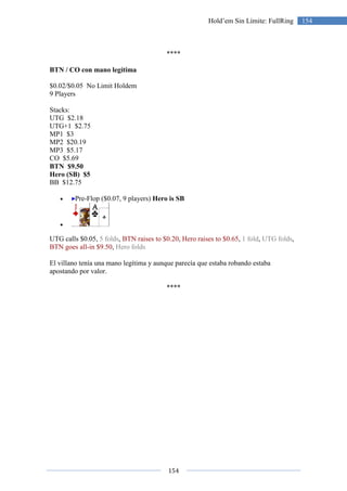 154
154Hold’em Sin Límite: FullRing
****
BTN / CO con mano legítima
$0.02/$0.05 No Limit Holdem
9 Players
Stacks:
UTG $2.18
UTG+1 $2.75
MP1 $3
MP2 $20.19
MP3 $5.17
CO $5.69
BTN $9.50
Hero (SB) $5
BB $12.75
• Pre-Flop ($0.07, 9 players) Hero is SB
•
UTG calls $0.05, 5 folds, BTN raises to $0.20, Hero raises to $0.65, 1 fold, UTG folds,
BTN goes all-in $9.50, Hero folds
El villano tenía una mano legítima y aunque parecía que estaba robando estaba
apostando por valor.
****
 