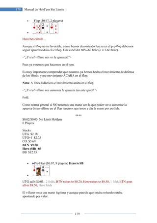 179
179 Manual de Hold’em Sin Límite
• Flop ($0.97, 2 players)
•
Hero bets $0.60…
Aunque el flop no es favorable, como hemos demostrado fuerza en el pre-flop debemos
seguir aparentándola en el flop. Una c-bet del 60% del bote (o 2/3 del bote).
-“¿Y si el villano nos ve la apuesta?”-
Pues ya veremos que hacemos en el turn.
Es muy importante comprender que nosotros ya hemos hecho el movimiento de defensa
de los blinds, y ese movimiento ACABA en el flop.
Nota: A fines didácticos el movimiento acaba en el flop.
-“¿Y si el villano nos aumenta la apuesta (en este spot)?”-
Fold.
Como norma general si NO tenemos una mano con la que poder ver o aumentar la
apuesta de un villano en el flop tenemos que irnos y dar la mano por perdida.
****
$0.02/$0.05 No Limit Holdem
6 Players
Stacks:
UTG $2.18
UTG+1 $2.75
CO $5.69
BTN $9.50
Hero (SB) $5
BB $12.75
• Pre-Flop ($0.07, 9 players) Hero is SB
•
UTG calls $0.05, 2 folds, BTN raises to $0.20, Hero raises to $0.50, 1 fold, BTN goes
all-in $9.50, Hero folds
El villano tenía una mano legítima y aunque parecía que estaba robando estaba
apostando por valor.
 