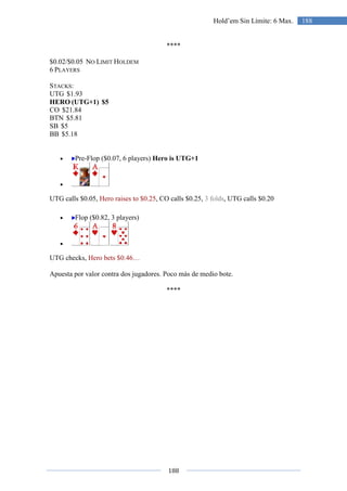 188
188Hold’em Sin Límite: 6 Max.
****
$0.02/$0.05 NO LIMIT HOLDEM
6 PLAYERS
STACKS:
UTG $1.93
HERO (UTG+1) $5
CO $21.84
BTN $5.81
SB $5
BB $5.18
• Pre-Flop ($0.07, 6 players) Hero is UTG+1
•
UTG calls $0.05, Hero raises to $0.25, CO calls $0.25, 3 folds, UTG calls $0.20
• Flop ($0.82, 3 players)
•
UTG checks, Hero bets $0.46…
Apuesta por valor contra dos jugadores. Poco más de medio bote.
****
 