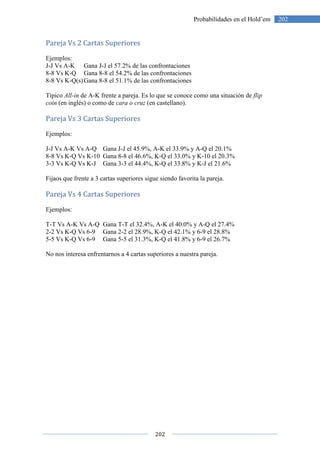 202
202Probabilidades en el Hold’em
Pareja Vs 2 Cartas Superiores
Ejemplos:
J-J Vs A-K Gana J-J el 57.2% de las confrontaciones
8-8 Vs K-Q Gana 8-8 el 54.2% de las confrontaciones
8-8 Vs K-Q(s)Gana 8-8 el 51.1% de las confrontaciones
Típico All-in de A-K frente a pareja. Es lo que se conoce como una situación de flip
coin (en inglés) o como de cara o cruz (en castellano).
Pareja Vs 3 Cartas Superiores
Ejemplos:
J-J Vs A-K Vs A-Q Gana J-J el 45.9%, A-K el 33.9% y A-Q el 20.1%
8-8 Vs K-Q Vs K-10 Gana 8-8 el 46.6%, K-Q el 33.0% y K-10 el 20.3%
3-3 Vs K-Q Vs K-J Gana 3-3 el 44.4%, K-Q el 33.8% y K-J el 21.6%
Fijaos que frente a 3 cartas superiores sigue siendo favorita la pareja.
Pareja Vs 4 Cartas Superiores
Ejemplos:
T-T Vs A-K Vs A-Q Gana T-T el 32.4%, A-K el 40.0% y A-Q el 27.4%
2-2 Vs K-Q Vs 6-9 Gana 2-2 el 28.9%, K-Q el 42.1% y 6-9 el 28.8%
5-5 Vs K-Q Vs 6-9 Gana 5-5 el 31.3%, K-Q el 41.8% y 6-9 el 26.7%
No nos interesa enfrentarnos a 4 cartas superiores a nuestra pareja.
 