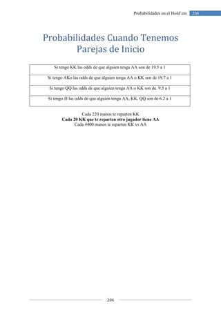 204
204Probabilidades en el Hold’em
Probabilidades Cuando Tenemos
Parejas de Inicio
Si tengo KK las odds de que alguien tenga AA son de 19.5 a 1
Si tengo AKo las odds de que alguien tenga AA o KK son de 19.7 a 1
Si tengo QQ las odds de que alguien tenga AA o KK son de 9.5 a 1
Si tengo JJ las odds de que alguien tenga AA, KK, QQ son de 6.2 a 1
Cada 220 manos te reparten KK
Cada 20 KK que te reparten otro jugador tiene AA
Cada 4400 manos te reparten KK vs AA
 