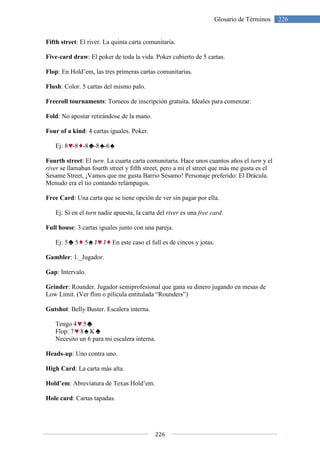 Fifth street: El river. La quinta carta comunitaria.
Five-card draw: El poker de toda la vida. Poker cubierto de 5 cartas.
Flop: En Hold’em, las tres primeras cartas comunitarias.
Flush: Color. 5 cartas del mismo palo.
Freeroll tournaments: Torneos de inscripción gratuita. Ideales para comenzar.
Fold: No apostar retirándose de la mano.
Four of a kind: 4 cartas iguales
Ej: 8 -8 -8 -8 -6
Fourth street: El turn. La cuarta carta comunitaria. Hace unos cuantos años el
river se llamaban fourth street y fifth street, pero a m
Sesame Street, ¡Vamos que me gusta Barrio Sésamo! Personaje preferido: El Drácula.
Menudo era el tio contando relámpagos.
Free Card: Una carta que se tiene opción de ver
Ej: Si en el turn nadie apuesta, la carta del
Full house: 3 cartas iguales junto con una pareja.
Ej: 5 5 5 J J En este caso el full es de cincos y jotas.
Gambler: 1._Jugador.
Gap: Intervalo.
Grinder: Rounder. Jugador semiprofesional que gana su dinero jugando en mesas de
Low Limit. (Ver flim o pilicula entitulada “Rounders”)
Gutshot: Belly Buster. Escalera interna.
Tengo 4 5
Flop: 7 8 K
Necesito un 6 para mi escalera interna.
Heads-up: Uno contra uno.
High Card: La carta más alta.
Hold’em: Abreviatura de Texas Hold’em.
Hole card: Cartas tapadas.
226
Glosario de Términos
La quinta carta comunitaria.
: El poker de toda la vida. Poker cubierto de 5 cartas.
: En Hold’em, las tres primeras cartas comunitarias.
: Color. 5 cartas del mismo palo.
Torneos de inscripción gratuita. Ideales para comenzar.
: No apostar retirándose de la mano.
iguales. Poker.
La cuarta carta comunitaria. Hace unos cuantos años el
se llamaban fourth street y fifth street, pero a mí el street que más me gusta es el
Sesame Street, ¡Vamos que me gusta Barrio Sésamo! Personaje preferido: El Drácula.
Menudo era el tio contando relámpagos.
: Una carta que se tiene opción de ver sin pagar por ella.
nadie apuesta, la carta del river es una free card.
: 3 cartas iguales junto con una pareja.
En este caso el full es de cincos y jotas.
: Rounder. Jugador semiprofesional que gana su dinero jugando en mesas de
Low Limit. (Ver flim o pilicula entitulada “Rounders”)
Escalera interna.
Necesito un 6 para mi escalera interna.
: Uno contra uno.
: La carta más alta.
: Abreviatura de Texas Hold’em.
226Glosario de Términos
Torneos de inscripción gratuita. Ideales para comenzar.
La cuarta carta comunitaria. Hace unos cuantos años el turn y el
el street que más me gusta es el
Sesame Street, ¡Vamos que me gusta Barrio Sésamo! Personaje preferido: El Drácula.
: Rounder. Jugador semiprofesional que gana su dinero jugando en mesas de
 