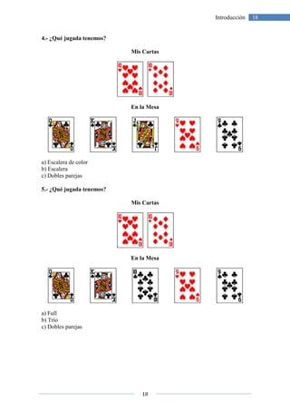 4.- ¿Qué jugada tenemos?
a) Escalera de color
b) Escalera
c) Dobles parejas
5.- ¿Qué jugada tenemos?
a) Full
b) Trío
c) Dobles parejas
18
¿Qué jugada tenemos?
Mis Cartas
En la Mesa
¿Qué jugada tenemos?
Mis Cartas
En la Mesa
18Introducción
 