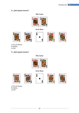 8.- ¿Qué jugada tenemos?
a) Trío de damas
b) Dobles
c) Full
9.- ¿Qué jugada tenemos?
a) Trío de damas
b) Dobles
c) Full
20
¿Qué jugada tenemos?
Mis Cartas
En la Mesa
¿Qué jugada tenemos?
Mis Cartas
En la Mesa
20Introducción
 