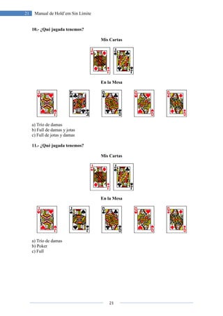 21
21 Manual de Hold’em Sin Límite
10.- ¿Qué jugada tenemos?
Mis Cartas
En la Mesa
a) Trío de damas
b) Full de damas y jotas
c) Full de jotas y damas
11.- ¿Qué jugada tenemos?
Mis Cartas
En la Mesa
a) Trío de damas
b) Poker
c) Full
 