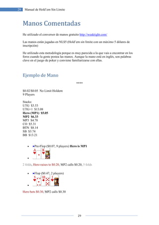 29
29 Manual de Hold’em Sin Límite
Manos Comentadas
He utilizado el conversor de manos gratuito http://weaktight.com/
Las manos están jugadas en NL$5 (Hold’em sin límite con un máximo 5 dólares de
inscripción)
He utilizado esta metodología porque es muy parecida a la que vais a encontrar en los
foros cuando la gente postea las manos. Aunque la mano está en inglés, son palabras
clave en el juego de poker y conviene familiarizarse con ellas.
Ejemplo de Mano
****
$0.02/$0.05 No Limit Holdem
9 Players
Stacks:
UTG $3.53
UTG+1 $13.08
Hero (MP1) $5.05
MP2 $6.33
MP3 $4.78
CO $5.31
BTN $8.14
SB $3.74
BB $13.21
• Pre-Flop ($0.07, 9 players) Hero is MP1
•
2 folds, Hero raises to $0.20, MP2 calls $0.20, 5 folds
• Flop ($0.47, 2 players)
•
Hero bets $0.30, MP2 calls $0.30
 