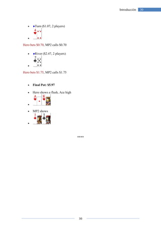 30
30Introducción
• Turn ($1.07, 2 players)
•
Hero bets $0.70, MP2 calls $0.70
• River ($2.47, 2 players)
•
Hero bets $1.75, MP2 calls $1.75
• Final Pot: $5.97
• Hero shows a flush, Ace high
•
• MP2 shows
•
****
 