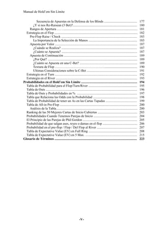 Manual de Hold’em Sin Límite
-V-
Secuencia de Apuestas en la Defensa de los Blinds ........................................ 177
¿Y si nos Re-Raisean (3 Bet)?.............................................................................. 180
Rangos de Apertura …….......................................................................................... 181
Estrategia en el Flop ..................................................................................................... 182
Pre-Flop Raise / Check ............................................................................................ 183
La Importancia de la Selección de Manos ........................................................... 183
Apuesta por Valor .................................................................................................... 187
¿Cuándo se Realiza? ............................................................................................ 187
¿Cuánto se Apuesta? ............................................................................................ 187
Apuesta de Continuación ......................................................................................... 189
¿Por Qué? ............................................................................................................. 189
¿Cuánto se Apuesta en una C-Bet? ...................................................................... 189
Textura de Flop ………………………………………........................................ 190
Ultimas Consideraciones sobre la C-Bet ............................................................. 191
Estrategia en el Turn .................................................................................................... 192
Estrategia en el River ................................................................................................... 193
Probabilidades en el Hold’em Sin Límite .................................................................... 194
Tabla de Probabilidad para el Flop/Turn/River ........................................................... 195
Tabla de Outs ............................................................................................................... 196
Tabla de Outs y Probabilidades en % ......................................................................... 197
Tabla que Relaciona las Odds con la Probabilidad ...................................................... 198
Tabla de Probabilidad de tener un As en las Cartas Tapadas ...................................... 199
Tabla de All-in Pre-Flop .............................................................................................. 200
Análisis de la Tabla................................................................................................... 200
Ranking de las 50 Mejores Cartas de Inicio Cubiertas ................................................ 203
Probabilidades Cuando Tenemos Parejas de Inicio ..................................................... 204
El Principio de las Parejas de Phil Gordon .................................................................. 205
Probabilidad de que salgan ases, reyes o damas en el flop .......................................... 206
Probabilidad en el pre-flop / Flop / Del Flop al River ................................................. 207
Tabla de Expectative Value (EV) en Full Ring ........................................................... 208
Tabla de Expectative Value (EV) en 5 Max. …........................................................... 215
Glosario de Términos .................................................................................................... 223
 