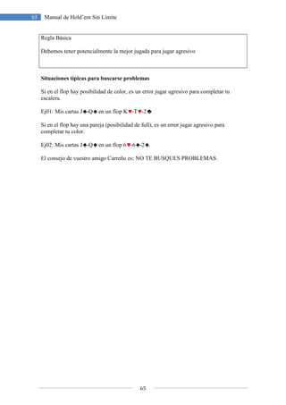 65
65 Manual de Hold’em Sin Límite
Regla Básica
Debemos tener potencialmente la mejor jugada para jugar agresivo
Situaciones típicas para buscarse problemas
Si en el flop hay posibilidad de color, es un error jugar agresivo para completar tu
escalera.
Ej01: Mis cartas J -Q en un flop K -T -2
Si en el flop hay una pareja (posibilidad de full), es un error jugar agresivo para
completar tu color.
Ej02: Mis cartas J -Q en un flop 6 -6 -2 .
El consejo de vuestro amigo Carreño es: NO TE BUSQUES PROBLEMAS.
 