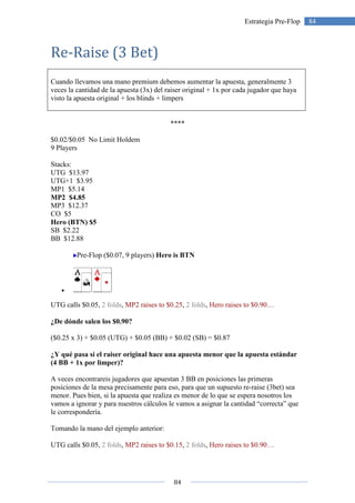 84
84Estrategia Pre-Flop
Re-Raise (3 Bet)
Cuando llevamos una mano premium debemos aumentar la apuesta, generalmente 3
veces la cantidad de la apuesta (3x) del raiser original + 1x por cada jugador que haya
visto la apuesta original + los blinds + limpers
****
$0.02/$0.05 No Limit Holdem
9 Players
Stacks:
UTG $13.97
UTG+1 $3.95
MP1 $5.14
MP2 $4.85
MP3 $12.37
CO $5
Hero (BTN) $5
SB $2.22
BB $12.88
Pre-Flop ($0.07, 9 players) Hero is BTN
•
UTG calls $0.05, 2 folds, MP2 raises to $0.25, 2 folds, Hero raises to $0.90…
¿De dónde salen los $0.90?
($0.25 x 3) + $0.05 (UTG) + $0.05 (BB) + $0.02 (SB) = $0.87
¿Y qué pasa si el raiser original hace una apuesta menor que la apuesta estándar
(4 BB + 1x por limper)?
A veces encontrareis jugadores que apuestan 3 BB en posiciones las primeras
posiciones de la mesa precisamente para eso, para que un supuesto re-raise (3bet) sea
menor. Pues bien, si la apuesta que realiza es menor de lo que se espera nosotros los
vamos a ignorar y para nuestros cálculos le vamos a asignar la cantidad “correcta” que
le correspondería.
Tomando la mano del ejemplo anterior:
UTG calls $0.05, 2 folds, MP2 raises to $0.15, 2 folds, Hero raises to $0.90…
 