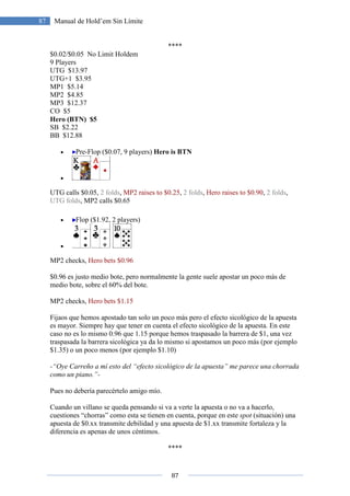 87
87 Manual de Hold’em Sin Límite
****
$0.02/$0.05 No Limit Holdem
9 Players
UTG $13.97
UTG+1 $3.95
MP1 $5.14
MP2 $4.85
MP3 $12.37
CO $5
Hero (BTN) $5
SB $2.22
BB $12.88
• Pre-Flop ($0.07, 9 players) Hero is BTN
•
UTG calls $0.05, 2 folds, MP2 raises to $0.25, 2 folds, Hero raises to $0.90, 2 folds,
UTG folds, MP2 calls $0.65
• Flop ($1.92, 2 players)
•
MP2 checks, Hero bets $0.96
$0.96 es justo medio bote, pero normalmente la gente suele apostar un poco más de
medio bote, sobre el 60% del bote.
MP2 checks, Hero bets $1.15
Fijaos que hemos apostado tan solo un poco más pero el efecto sicológico de la apuesta
es mayor. Siempre hay que tener en cuenta el efecto sicológico de la apuesta. En este
caso no es lo mismo 0.96 que 1.15 porque hemos traspasado la barrera de $1, una vez
traspasada la barrera sicológica ya da lo mismo si apostamos un poco más (por ejemplo
$1.35) o un poco menos (por ejemplo $1.10)
-“Oye Carreño a mí esto del “efecto sicológico de la apuesta” me parece una chorrada
como un piano.”-
Pues no debería parecértelo amigo mío.
Cuando un villano se queda pensando si va a verte la apuesta o no va a hacerlo,
cuestiones “chorras” como esta se tienen en cuenta, porque en este spot (situación) una
apuesta de $0.xx transmite debilidad y una apuesta de $1.xx transmite fortaleza y la
diferencia es apenas de unos céntimos.
****
 