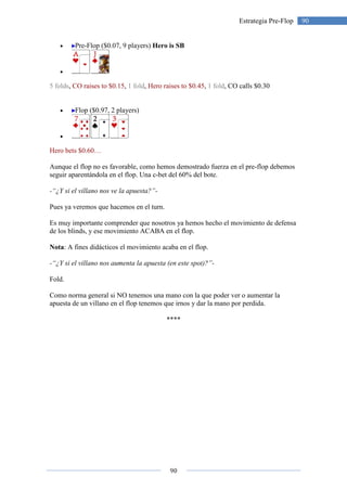 90
90Estrategia Pre-Flop
• Pre-Flop ($0.07, 9 players) Hero is SB
•
5 folds, CO raises to $0.15, 1 fold, Hero raises to $0.45, 1 fold, CO calls $0.30
• Flop ($0.97, 2 players)
•
Hero bets $0.60…
Aunque el flop no es favorable, como hemos demostrado fuerza en el pre-flop debemos
seguir aparentándola en el flop. Una c-bet del 60% del bote.
-“¿Y si el villano nos ve la apuesta?”-
Pues ya veremos que hacemos en el turn.
Es muy importante comprender que nosotros ya hemos hecho el movimiento de defensa
de los blinds, y ese movimiento ACABA en el flop.
Nota: A fines didácticos el movimiento acaba en el flop.
-“¿Y si el villano nos aumenta la apuesta (en este spot)?”-
Fold.
Como norma general si NO tenemos una mano con la que poder ver o aumentar la
apuesta de un villano en el flop tenemos que irnos y dar la mano por perdida.
****
 