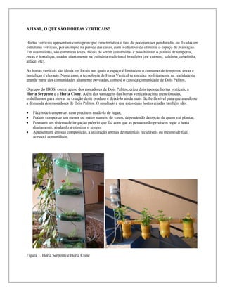 AFINAL, O QUE SÃO HORTAS VERTICAIS?
Hortas verticais apresentam como principal característica o fato de poderem ser penduradas ou fixadas em
estruturas verticais, por exemplo na parede das casas, com o objetivo de otimizar o espaço de plantação.
Em sua maioria, são estruturas leves, fáceis de serem construidas e possibilitam o plantio de temperos,
ervas e hortaliças, usados diariamente na culinária tradicional brasileira (ex: coentro, salsinha, cebolinha,
alface, etc).
As hortas verticais são ideais em locais nos quais o espaço é limitado e o consumo de temperos, ervas e
hortaliças é elevado. Neste caso, a tecnologia de Horta Vertical se encaixa perfeitamente na realidade de
grande parte das comunidades altamente povoadas, como é o caso da comunidade de Dois Palitos.
O grupo do IDDS, com o apoio dos moradores de Dois Palitos, criou dois tipos de hortas verticais, a
Horta Serpente e a Horta Cisne. Além das vantagens das hortas verticais acima mencionadas,
trabalhamos para inovar na criação deste produto e deixá-lo ainda mais fácil e flexível para que atendesse
a demanda dos moradores de Dois Palitos. O resultado é que estas duas hortas criadas também são:
 Fáceis de transportar, caso precisem mudá-la de lugar;
 Podem comportar um menor ou maior numero de vasos, dependendo da opção de quem vai plantar;
 Possuem um sistema de irrigação próprio que faz com que as pessoas não precisem regar a horta
diariamente, ajudando a otimizar o tempo;
 Apresentam, em sua composição, a utilização apenas de materiais recicláveis ou mesmo de fácil
acesso à comunidade.
Figura 1. Horta Serpente e Horta Cisne
 