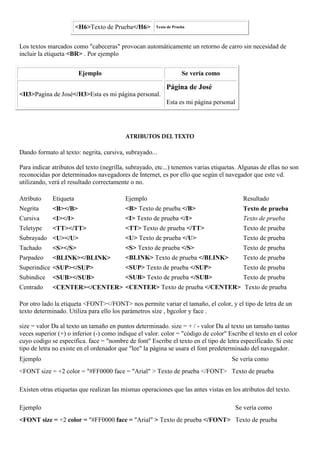 <H6>Texto de Prueba</H6>      Texto de Prueba



Los textos marcados como "cabeceras" provocan automáticamente un retorno de carro sin necesidad de
incluir la etiqueta <BR> . Por ejemplo


                         Ejemplo                                   Se vería como

                                                           Página de José
<H3>Pagina de José</H3>Esta es mi página personal.
                                                           Esta es mi página personal




                                          ATRIBUTOS DEL TEXTO

Dando formato al texto: negrita, cursiva, subrayado...

Para indicar atributos del texto (negrilla, subrayado, etc...) tenemos varias etiquetas. Algunas de ellas no son
reconocidas por determinados navegadores de Internet, es por ello que según el navegador que este vd.
utilizando, verá el resultado correctamente o no.

Atributo     Etiqueta                     Ejemplo                                         Resultado
Negrita      <B></B>                      <B> Texto de prueba </B>                        Texto de prueba
Cursiva      <I></I>                      <I> Texto de prueba </I>                        Texto de prueba
Teletype     <TT></TT>                    <TT> Texto de prueba </TT>                      Texto de prueba
Subrayado <U></U>                         <U> Texto de prueba </U>                        Texto de prueba
Tachado      <S></S>                      <S> Texto de prueba </S>                        Texto de prueba
Parpadeo     <BLINK></BLINK>              <BLINK> Texto de prueba </BLINK>                Texto de prueba
Superindice <SUP></SUP>                   <SUP> Texto de prueba </SUP>                    Texto de prueba
Subindice    <SUB></SUB>                  <SUB> Texto de prueba </SUB>                    Texto de prueba
Centrado     <CENTER></CENTER> <CENTER> Texto de prueba </CENTER> Texto de prueba

Por otro lado la etiqueta <FONT></FONT> nos permite variar el tamaño, el color, y el tipo de letra de un
texto determinado. Utiliza para ello los parámetros size , bgcolor y face .

size = valor Da al texto un tamaño en puntos determinado. size = + / - valor Da al texto un tamaño tantas
veces superior (+) o inferior (-) como indique el valor. color = "código de color" Escribe el texto en el color
cuyo codigo se especifica. face = "nombre de font" Escribe el texto en el tipo de letra especificado. Si este
tipo de letra no existe en el ordenador que "lee" la página se usara el font predeterminado del navegador.
Ejemplo                                                                              Se vería como
<FONT size = +2 color = "#FF0000 face = "Arial" > Texto de prueba </FONT> Texto de prueba

Existen otras etiquetas que realizan las mismas operaciones que las antes vistas en los atributos del texto.

Ejemplo                                                                                 Se vería como
<FONT size = +2 color = "#FF0000 face = "Arial" > Texto de prueba </FONT> Texto de prueba
 